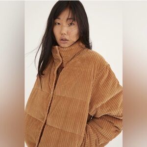 Urban outfitters cropped corduroy oversized puffer coat in camel size medium